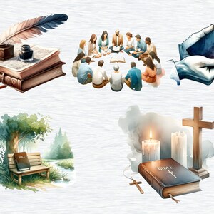 May include: A watercolor illustration of various religious imagery, including a group of people gathered in a circle, a book with a quill pen, a bible on a bench, and a bible with a cross and candles.
