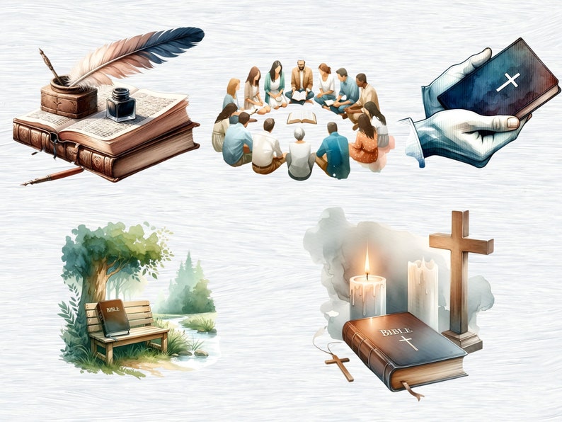 May include: A watercolor illustration of various religious imagery, including a group of people gathered in a circle, a book with a quill pen, a bible on a bench, and a bible with a cross and candles.