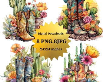 8 Cowgirl Boots Clipart, Watercolor Cowboy Boots Clipart, JPGs, Digital crafting, Paper crafts, Cute clipart,Instant download,commercial USe