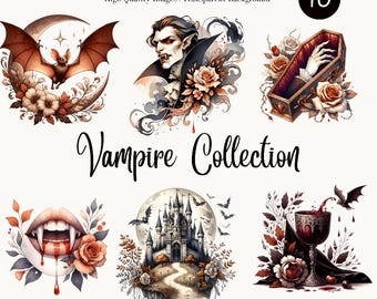 ゴシックヴァンパイアクリップアートセット - 昇華デザイン用のデジタルダウンロード、ハロウィーンクラフト用の高品質PNGグラフィック