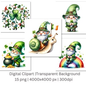 Lot de 15 cliparts gnomes de la Saint-Patrick, graphiques png Gnome, graphiques de la Saint-Patrick, arrière-plan transparent et utilisation commerciale, lot de 15