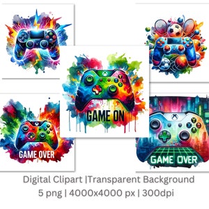 Pode incluir: Cinco imagens digitais de clipart de controladores de videogame coloridos com fundos de aquarela. Os controladores estão em poses diferentes e têm texto que diz "Game Over" e "Game On".