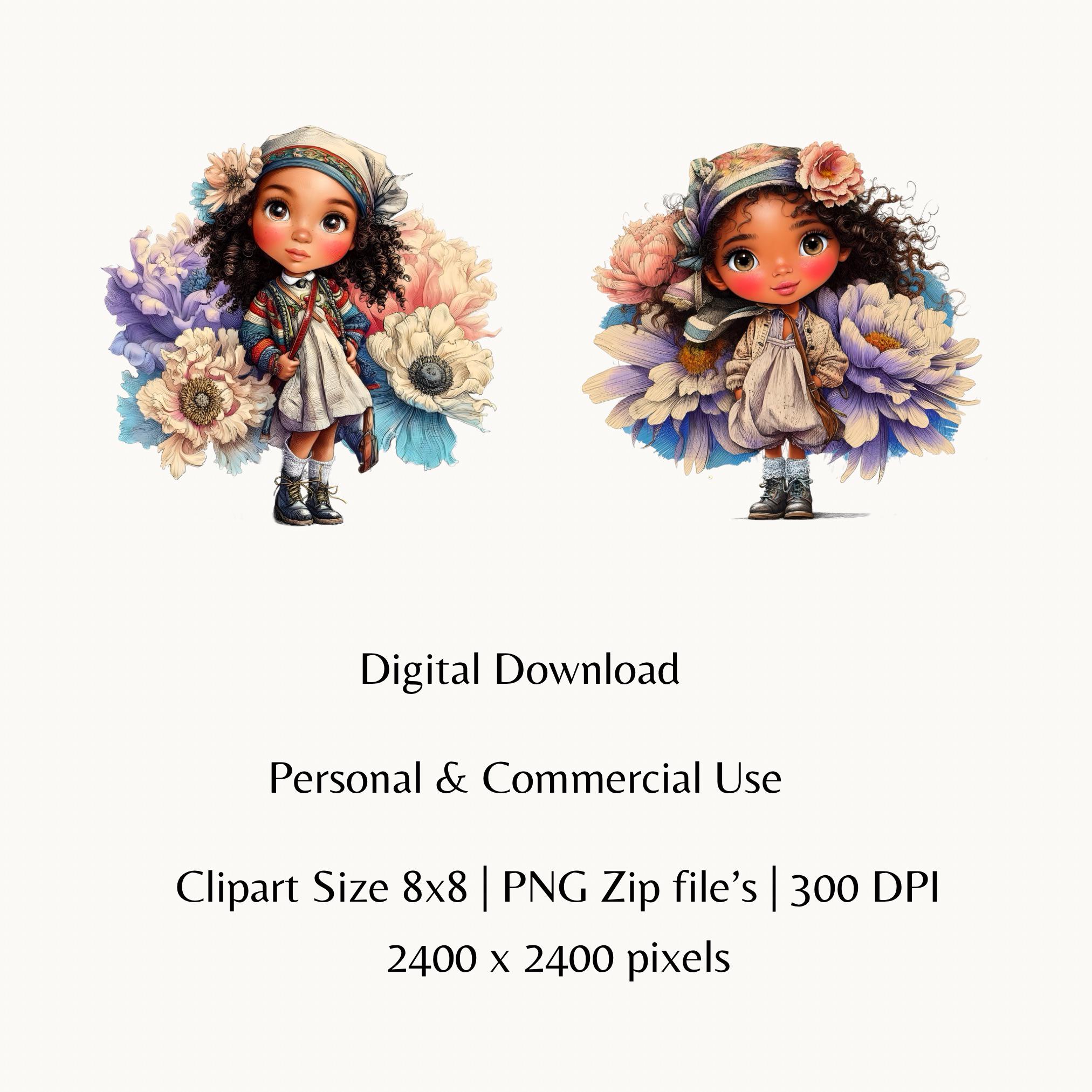 Little Girl Floral Clipart Bundle | Whimsical Girl Flower PNG | Cute ...