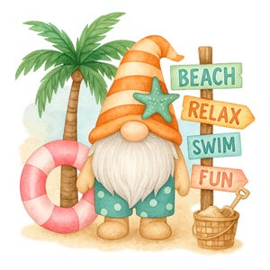 Summer Beach Gnome Clipart, Watercolor Palm Trees Art, Fun Summer Signs, Relax Swim Beach PNG, Digital Gnome Illustration,Summer Time png