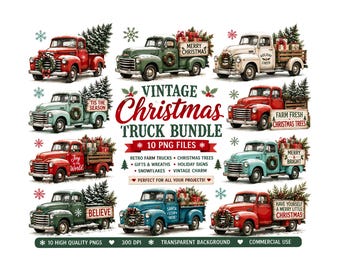 Vintage Christmas Truck Clipart Bundle | 10 Retro Farm Truck PNGs, Christmas Tree Truck, Holiday Sublimation Designs, Commercial Use