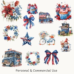 May include: A collection of watercolor illustrations featuring patriotic themes. The illustrations include a red, white, and blue star, a wreath of red and blue flowers, a blue food truck with an American flag, a blue bicycle with a basket of flowers, a cupcake with red, white, and blue frosting, a red bow with blue ribbons, and a gnome holding a basket of flowers.