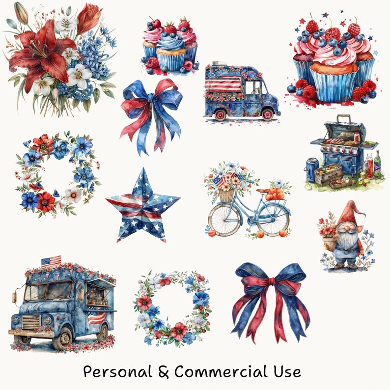 May include: A collection of watercolor illustrations featuring patriotic themes. The illustrations include a red, white, and blue star, a wreath of red and blue flowers, a blue food truck with an American flag, a blue bicycle with a basket of flowers, a cupcake with red, white, and blue frosting, a red bow with blue ribbons, and a gnome holding a basket of flowers.