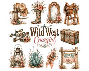 Wild West Cowgirl Clipart Bundle | Watercolor Western Graphics | Rustic Ranch PNG, Horseback Riding, Floral Cowboy Boots, Junk Journal Art