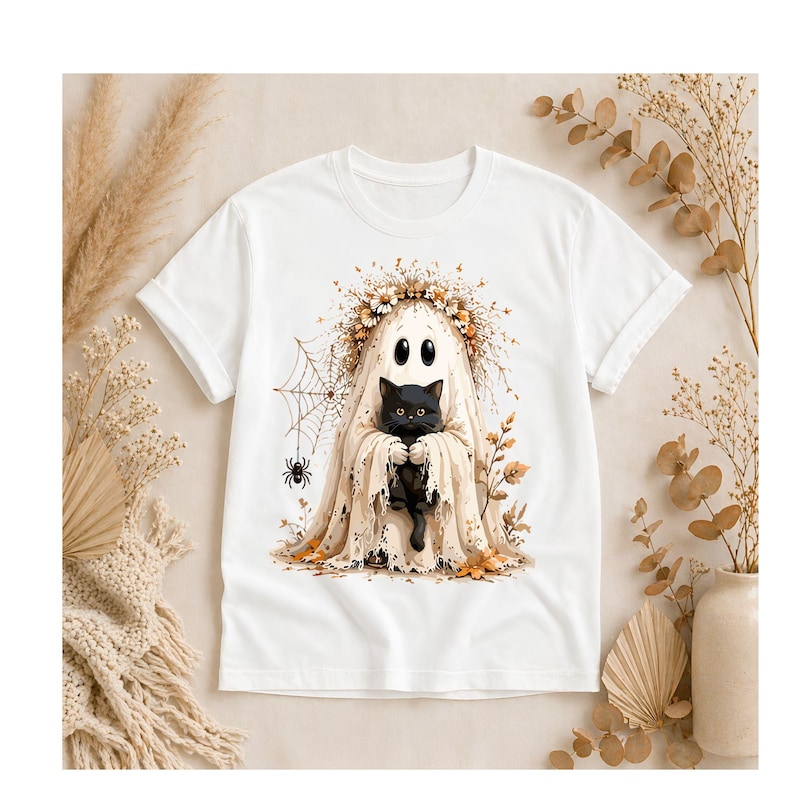 May include: White t-shirt featuring a Halloween-themed design. The graphic depicts a ghost holding a black cat, surrounded by a floral wreath, spider web, and a spider. The design is in shades of beige, brown, and black.