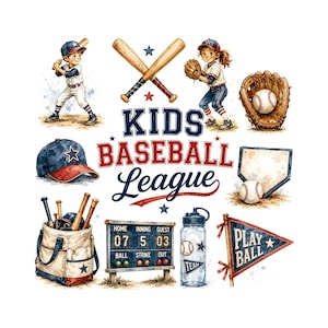 Puede incluir: Una colección de ilustraciones de béisbol con niños jugando, bates cruzados, un guante con pelota, una gorra, una base, un marcador, una botella de agua y un banderín con el texto KIDS BASEBALL LEAGUE y PLAY BALL.
