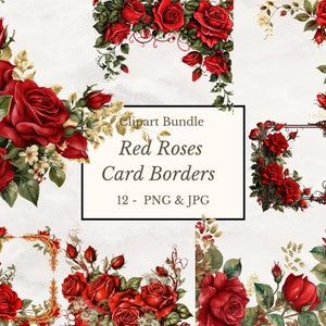 12 Red Roses corners Clipart, Flower borders, PNG& JPGs, Digital Download, Commercial Use, Digital Paper Craft, Watercolor clipart