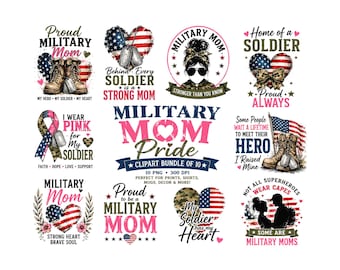 Op de afbeelding: Een verzameling digitale clipart-ontwerpen met een militair thema. De ontwerpen bevatten tekst als "Proud Military Mom", "Military Mom Pride" en "My Soldier has my Heart". Het kleurenpalet omvat roze, blauw en rood.