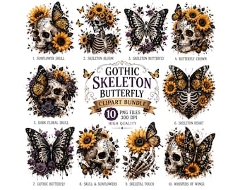 Gothic Skeleton Butterfly Clipart Bundle | Dark Floral Skull PNG | Sunflower Skull Graphics | Vintage Gothic PNG for Sublimation & Crafts