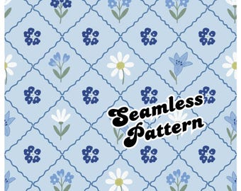 Blue Floral Seamless Pattern JPG, Cute Flower Digital Paper, Repeating Tile for Fabric Design, Scrapbooking, Backgrounds, POD
