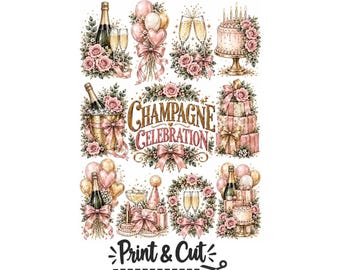 Champagne Celebration Clipart | Pink Gold Wedding Graphics | Watercolor Birthday Cake & Champagne PDF Bundle | Floral Party Illustrations