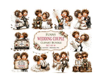 Funny Wedding Couple Clipart Bundle, Whimsical Bride and Groom PNG, Cute Wedding Illustrations for Invitations, Bridal Shower Digital Art