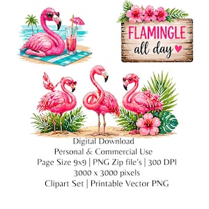 May include: A digital clipart set featuring pink flamingo illustrations. One flamingo is lounging on a beach towel with a drink, while others stand among tropical foliage. A wooden sign reads "Flamingle all day".