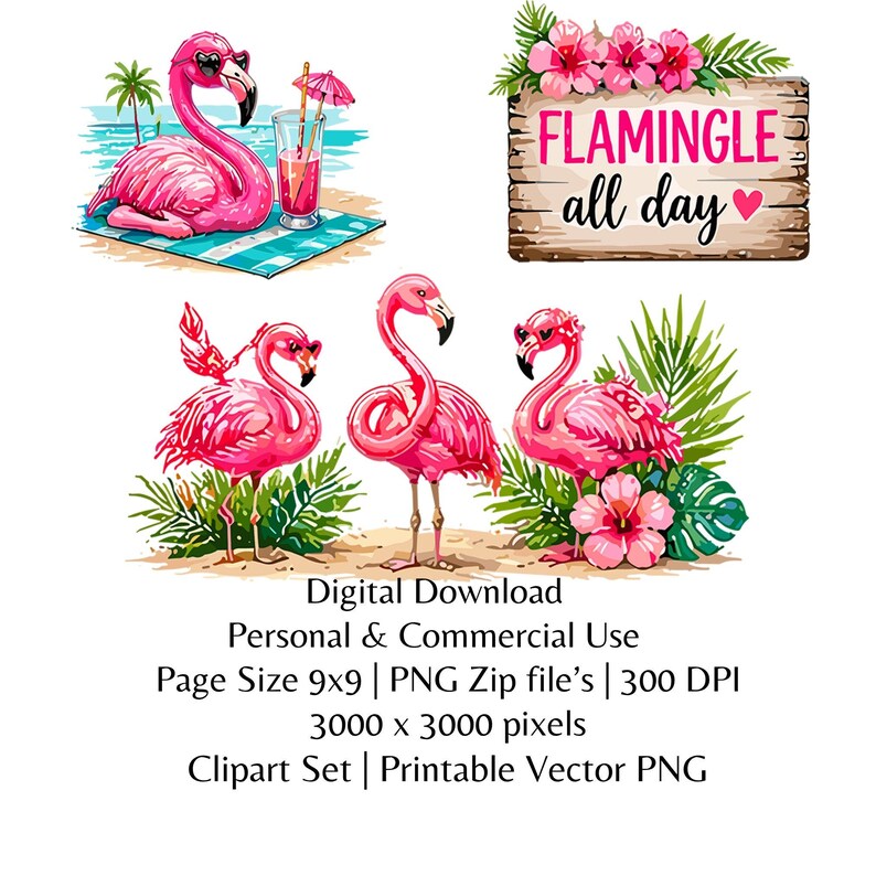 May include: A digital clipart set featuring pink flamingo illustrations. One flamingo is lounging on a beach towel with a drink, while others stand among tropical foliage. A wooden sign reads "Flamingle all day".