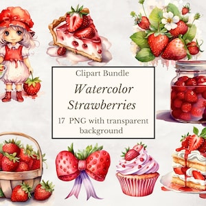 Watercolor Strawberries Clipart - Strawberry Farm PNG Digital Image Downloads for Card Making, Scrapbook, Junk Journal, Paper Crafts