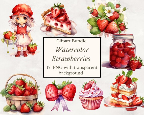 Watercolor Strawberries Clipart - Strawberry Farm PNG Digital Image Downloads for Card Making, Scrapbook, Junk Journal, Paper Crafts