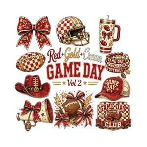 May include: A collection of red, gold, and cream football-themed illustrations including a bow, helmet, tumbler, football, beaded bracelets, cowboy hat, megaphone, baseball cap, and a sign with the text Red + Gold + Cream GAME DAY Vol 2.