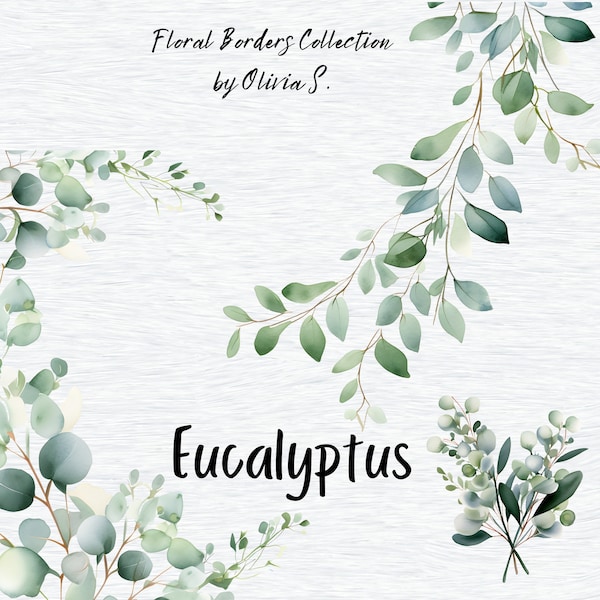 Eucalyptus Watercolor Border, Eucalyptus Corner Border Wedding Invitation, Greenery Set, Green Leaves Frame PNG, Floral Border PNG