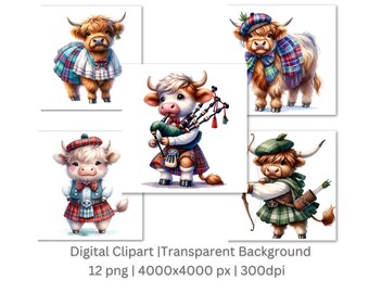 Cute Highland Cow Clipart | Adorable Highland Cow Clipart Bundle | 12 High-Quality Images | Farm Animal Art | Printables | Commercial Use