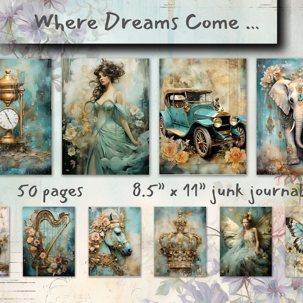 Bundle of 50, Turquoise Junk Journal Paper, Digital Download,JPG High Quality, Watercolor, Mixed Media, Pattern, Car, People, Music, Others