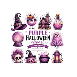 May include: A collection of purple Halloween-themed clipart images. The images include a witch's hat, a spooky eye creature, a haunted house, a potion bottle, a crystal ball, a ghost, a skull, a jack-o'-lantern, a cauldron, and a lantern. The text reads "Purple Halloween Clipart PNG Images."