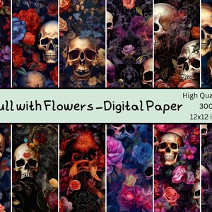 DIGITAL PAPER Skulls with Flowers | Seamless Designs | Twelve Colorful Patterns | Tile Patterns | Instant Download | Scrapbook paper