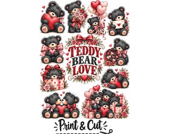 Valentine Teddy Bear Clipart | Black Love Bear PDF Bundle | Romantic Heart Graphics for Stickers, Sublimation, and Digital Scrapbooking
