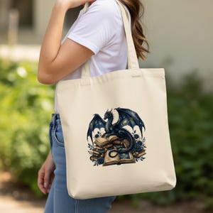 Dragon and Book Print Canvas Tote Bag, Fantasy Art Eco-Friendly Shopping Bag, Stylish Library Shoulder Bag, Unique Gift Idea