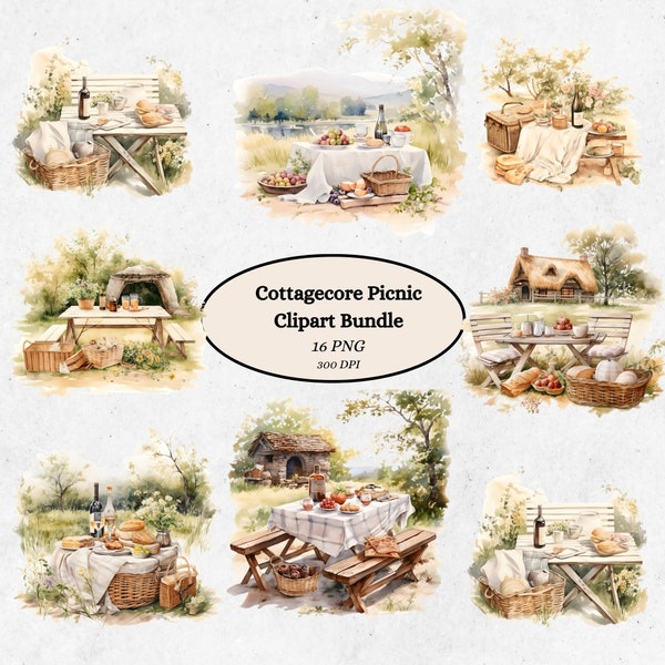Cottagecore Picnic Clipart Bundle, Digital Download, Vintage Countryside Aesthetic, Scrapbooking PNG, Creative Craft Graphics, Planner Art