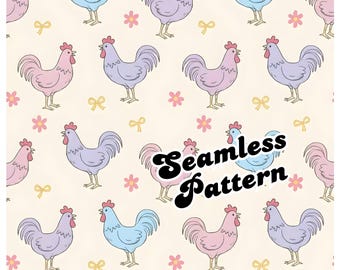 Chicken Seamless Pattern JPG, Farm Animal Print, Colorful Rooster Design, Cute Floral Digital Paper, Repeating Tile, Kids Fabric Pattern