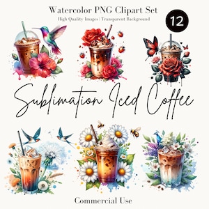 Paquete de imágenes prediseñadas de café con motivos florales: bonitos diseños PNG de café con detalles de flores de acuarela, perfectos para amantes del café, uso comercial