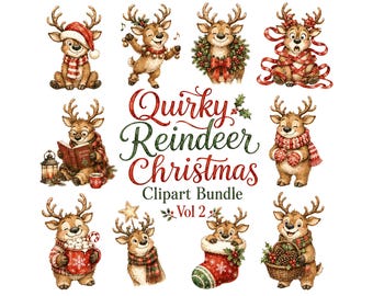Quirky Reindeer Christmas Clipart Bundle | Cute Holiday PNG Graphics |Whimsical Reindeer Illustrations for Cards, Crafts & Sublimation vol.2