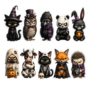 May include: A collection of ten cartoon animal characters with a Halloween theme. The characters include a black cat, owl, crow, panda, rabbit, pug, cow, cat, fox, and hedgehog, each dressed in spooky costumes and accessories.