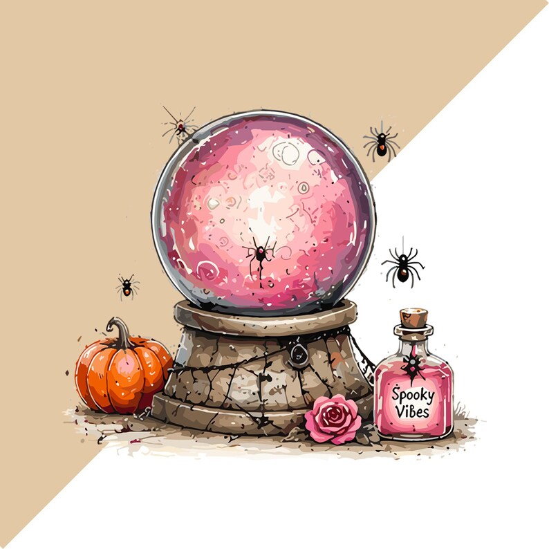 May include: A crystal ball with a pink swirling interior sits on a weathered stone base, surrounded by black spiders, an orange pumpkin, a pink rose, and a small glass bottle filled with pink liquid labelled with the text Spooky Vibes.