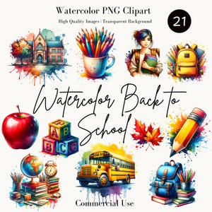 Clipart de PNG de volta às aulas em aquarela – Fundo transparente de alta qualidade, Clip Art de material escolar, Uso comercial, Download digital