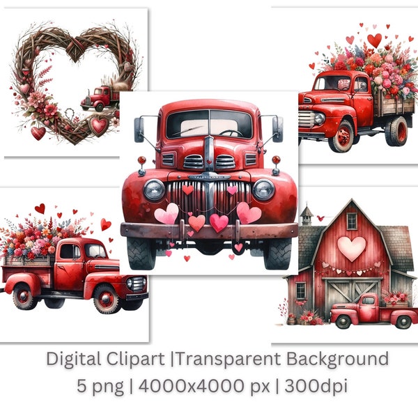 Valentine Old Red Farm Truck PNG Flowers Hearts Farm Truck Sublimation Valentine's Day Red Farm Truck PNG Commercial Use Farming Farmer Farm