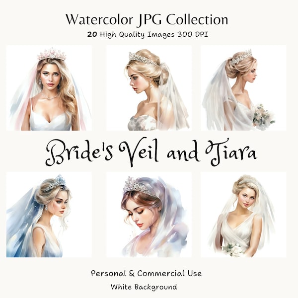 Watercolor Bride’s Veil and Tiara Clipart, High-Quality JPG , Bride , Wedding Day Essentials for Digital Downloads & Junk Journals