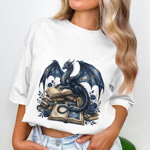 Mystical Dragon and Books Graphic T-Shirt, Fantasy Art Tee, Unisex White Shirt, Mythical Creature Design, Gift Idea for Book Lovers