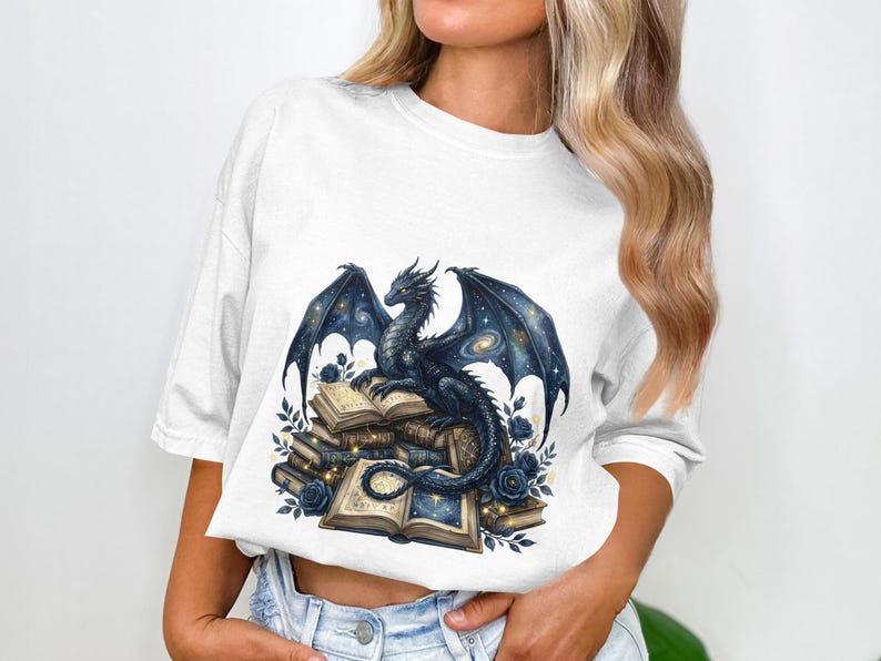 Mystical Dragon and Books Graphic T-Shirt, Fantasy Art Tee, Unisex White Shirt, Mythical Creature Design, Gift Idea for Book Lovers
