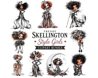 Skellington Style Girls Clipart Bundle | Gothic Fashion PNG | Spooky Chic Illustrations | Digital Sublimation Graphics | Trendy Dark Art