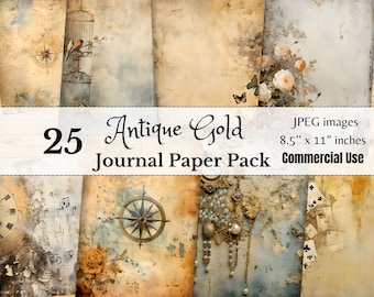 25 Antik Gold Junk Journal Seiten, Retro Junk Journal Kit, Printable Junk Journal Papier, Decoupage Scrapbook Kit, Vintage Papier Digital Art