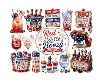 4th of July Clipart Bundle | Red White and Boozy Patriotic PNG | Retro Summer BBQ & Cocktails |Independence Day Party Decor Digital Download
