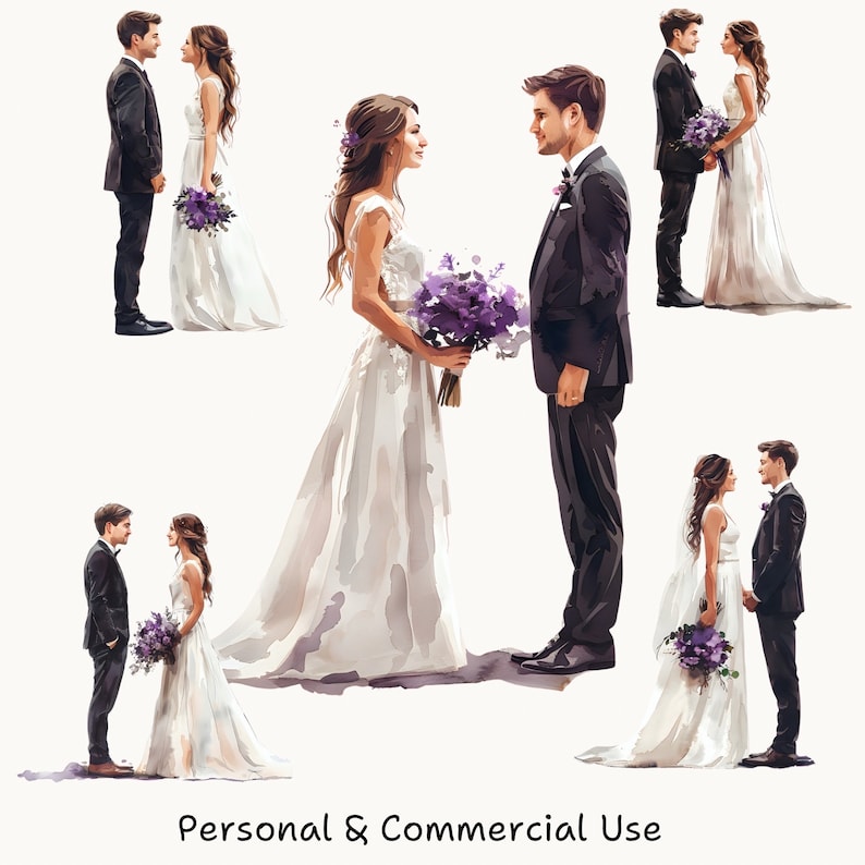 May include: A digital painting of four couples in wedding attire. The couples are standing and looking at each other. The painting is done in a watercolor style with soft colors and a romantic feel.