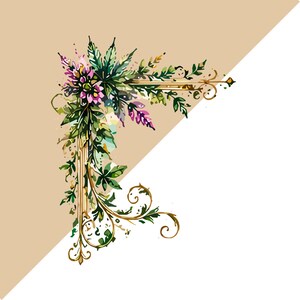Peut inclure: Un motif d&eacute;coratif d'angle compos&eacute; d'une illustration style aquarelle de feuilles de cannabis vertes et de fleurs violettes entrelac&eacute;es avec des volutes dor&eacute;es et des lignes ornementales, dispos&eacute;es en forme de bordure en L.