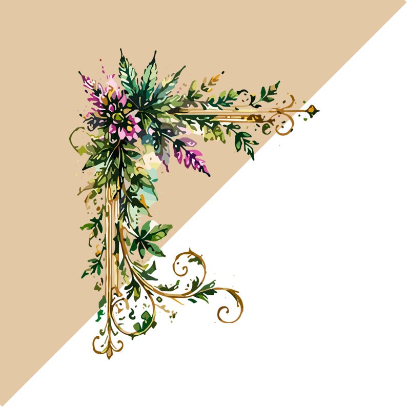 Peut inclure: Un motif d&eacute;coratif d'angle compos&eacute; d'une illustration style aquarelle de feuilles de cannabis vertes et de fleurs violettes entrelac&eacute;es avec des volutes dor&eacute;es et des lignes ornementales, dispos&eacute;es en forme de bordure en L.