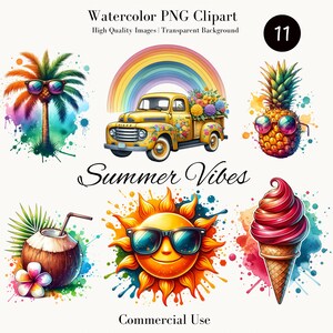 Imágenes prediseñadas de acuarela con ambiente veraniego: frutas tropicales, camión vintage, sol, helado, descarga digital, uso comercial, camiseta
